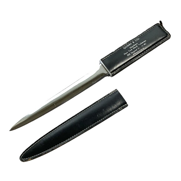 Vintage 9" Letter Opener Advertising Black Leather Sheath 2-Sided MMF Quinn & Co - Picture 1 of 11